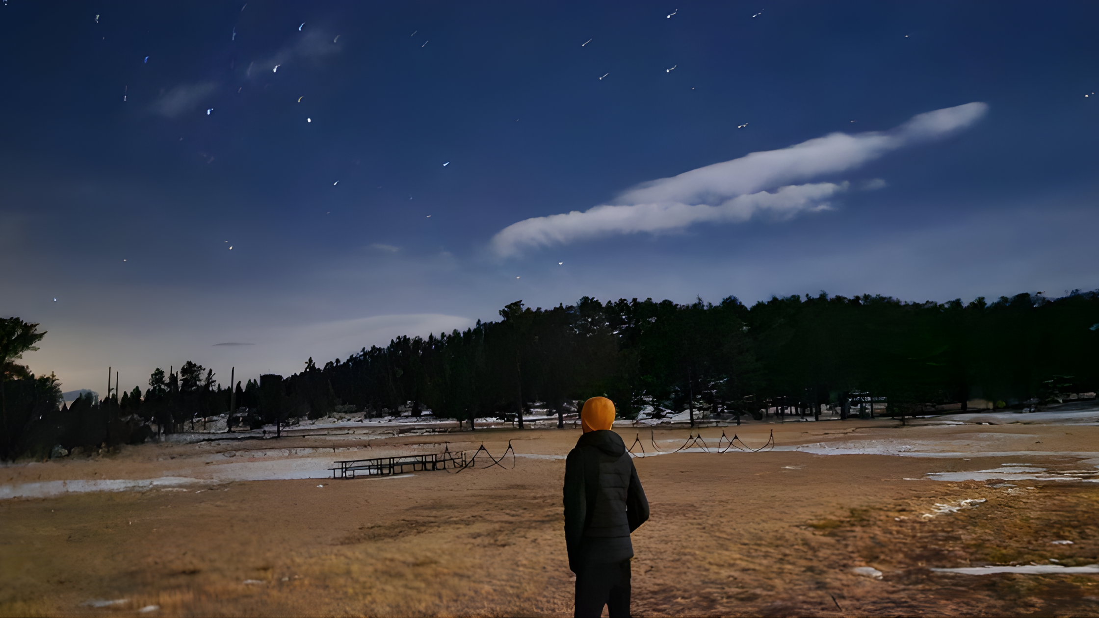 Student staring at night sky at DU’s Kennedy Mountain Campus