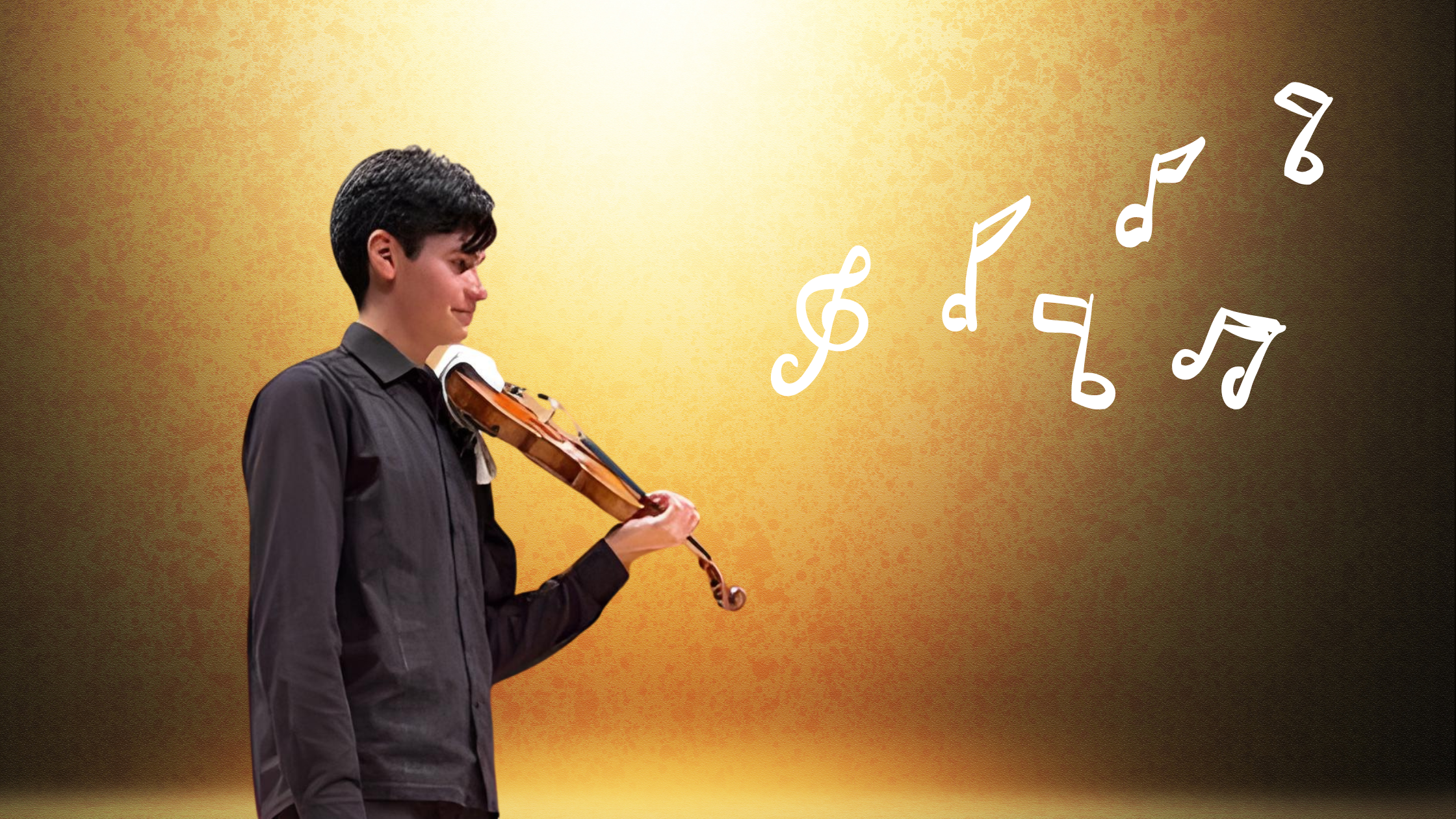 Timoteo Cruz Leyva holding violin with gold background